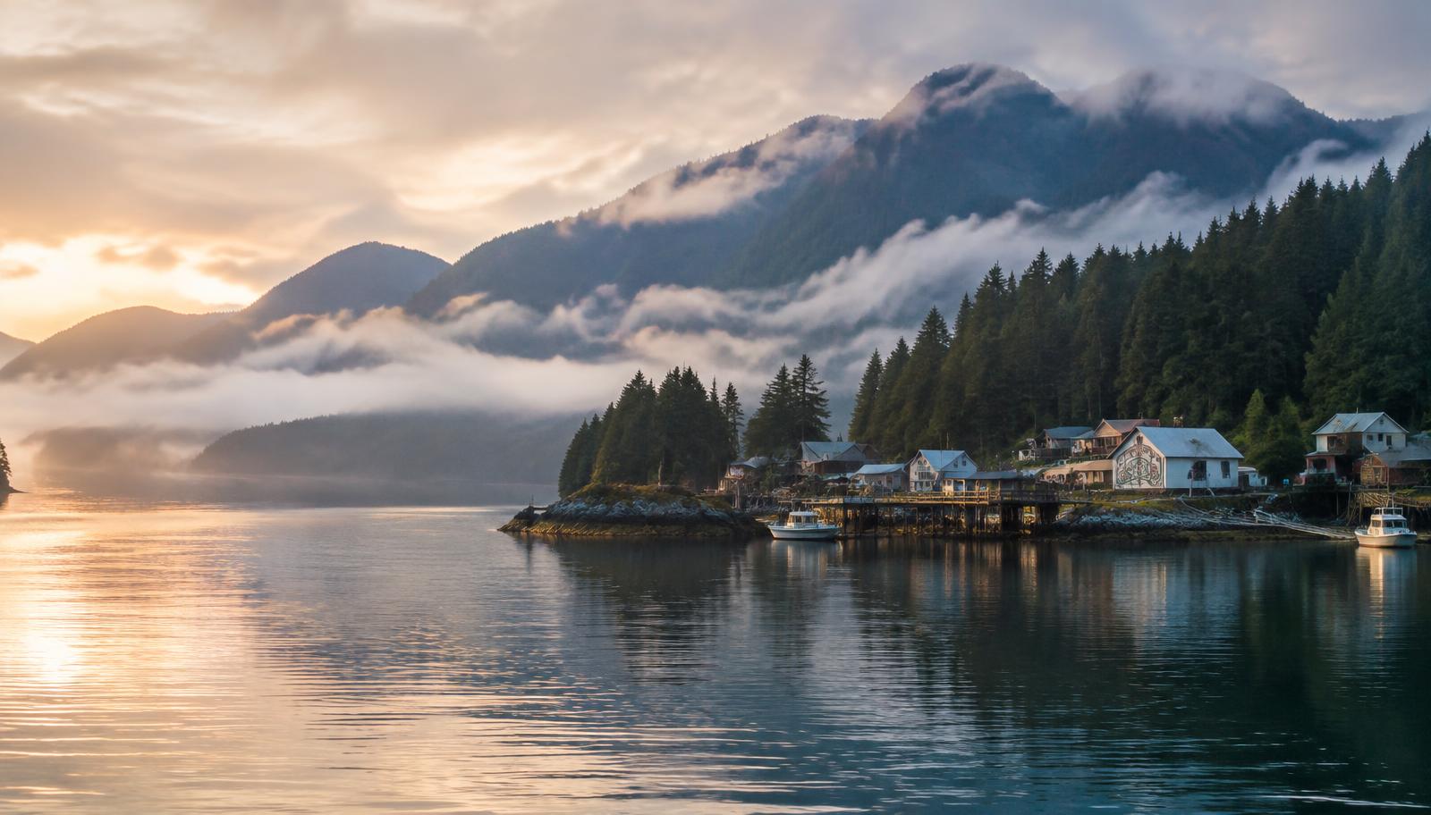 Coastal community on a misty inlet at dawn